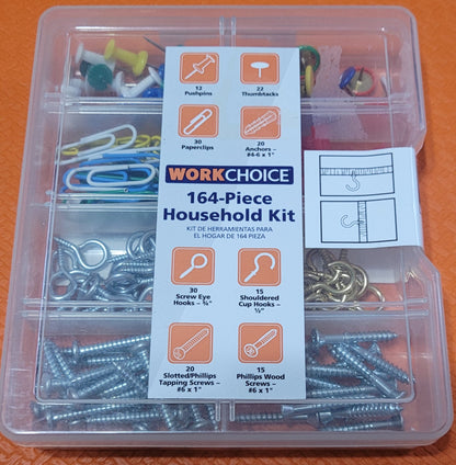 Workchoice 164-pcs Household Kit - Thumbtacks, Pushpins, Screws, Hooks & More!