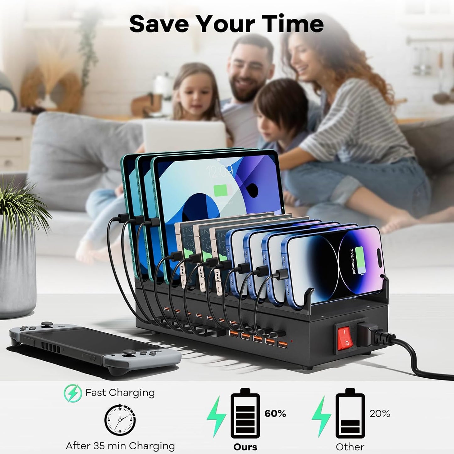RUANSZZ (ZETX300U) Multiport 22 Port USB-A & USB-C Charging Station w/ Dividers