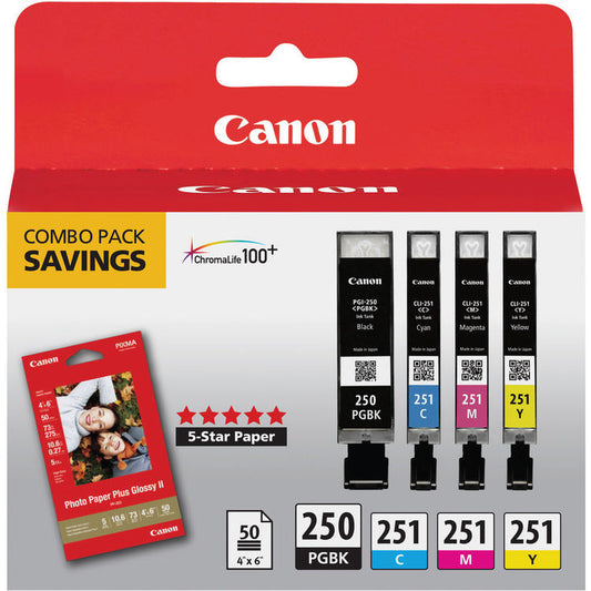 Canon PGI-250 & CLI-251 4-Cartridge Color Combo Pack w/ 4"x6" Photo Paper, New!