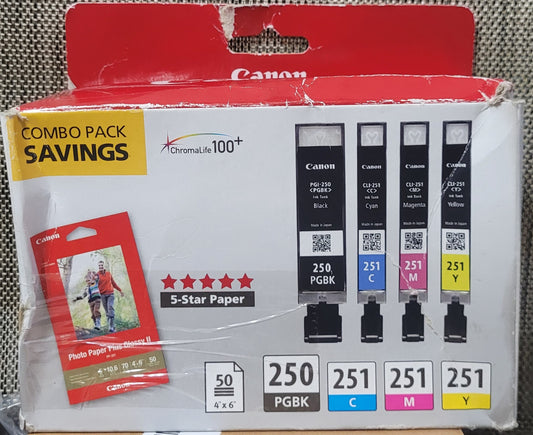 Canon PGI-250 & CLI-251 4-Cartridge Color Combo Pack w/ 4"x6" Photo Paper, New!