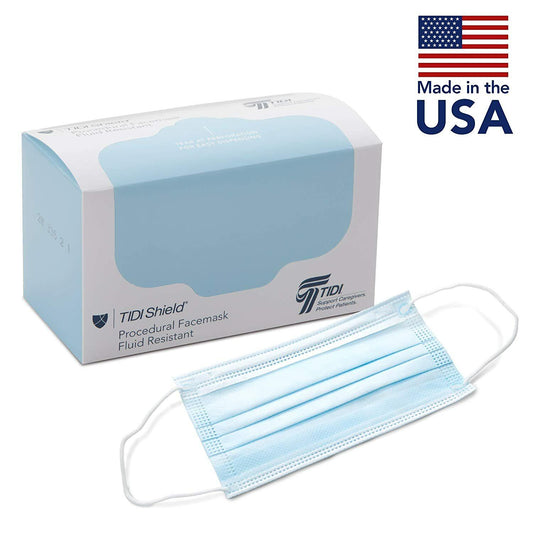 TIDI Shield Fluid-Resistant Procedural Facemask - Blue, Level 2 - Box of 500 NEW