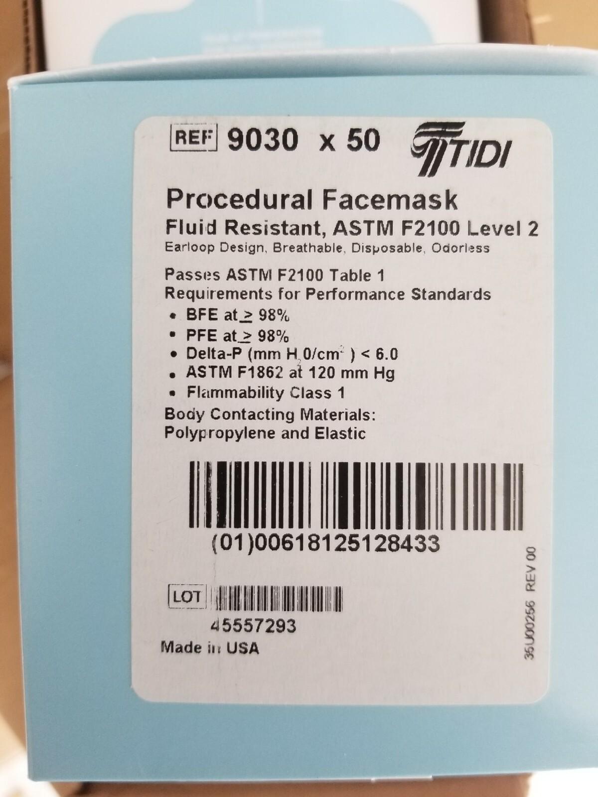 TIDI Shield Fluid-Resistant Procedural Facemask - Blue, Level 2 - Box of 500 NEW