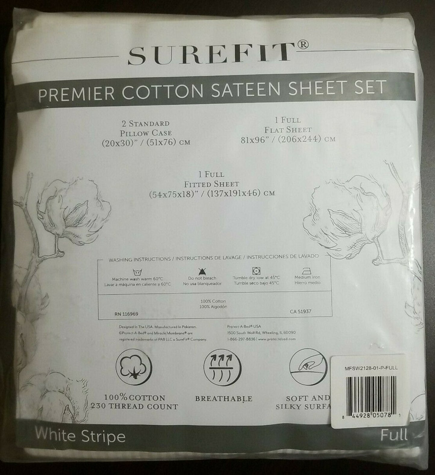 Surefit Premier Cotton Sateen Full Sheet Set - 230 TC - White Stripe - Sealed!