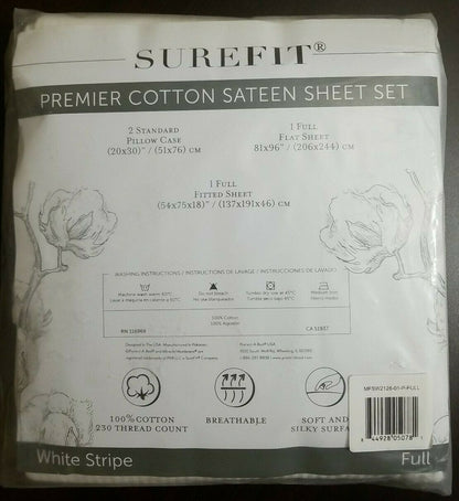 Surefit Premier Cotton Sateen Full Sheet Set - 230 TC - White Stripe - Sealed!