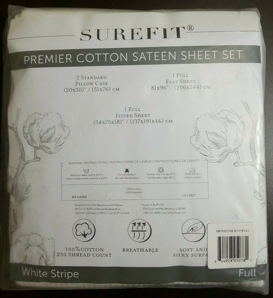 Surefit Premier Cotton Sateen Full Sheet Set - 230 TC - White Stripe - Sealed!