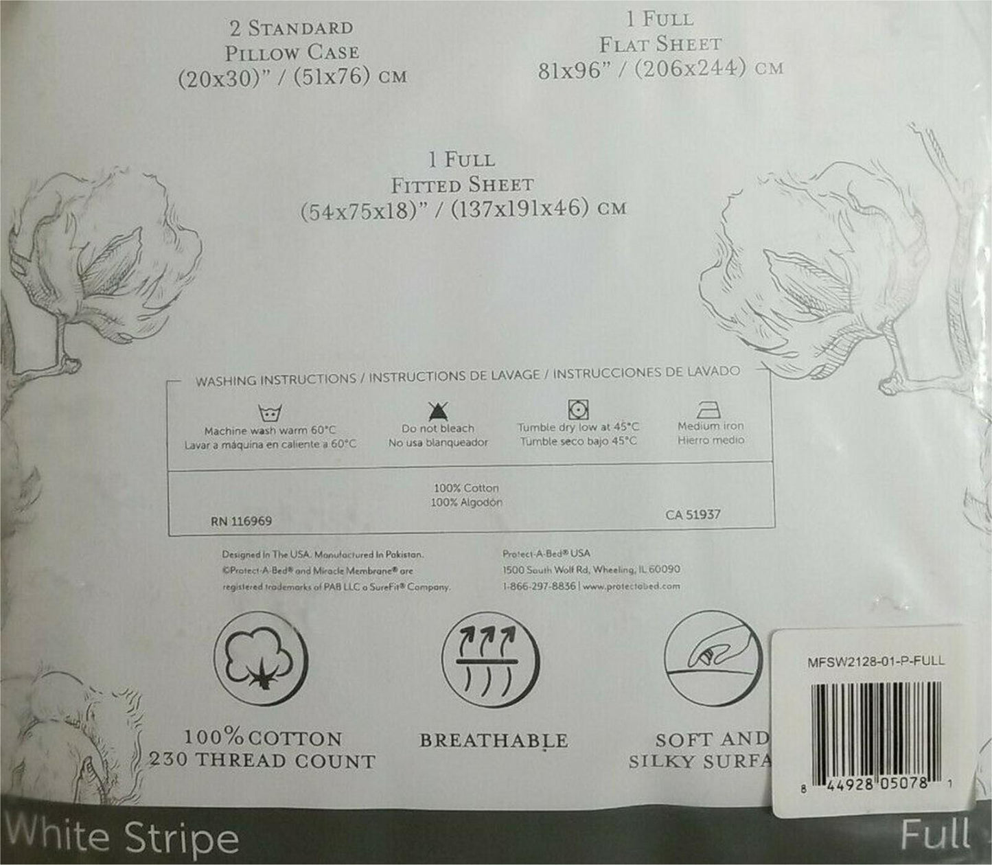 Surefit Premier Cotton Sateen Full Sheet Set - 230 TC - White Stripe - Sealed!