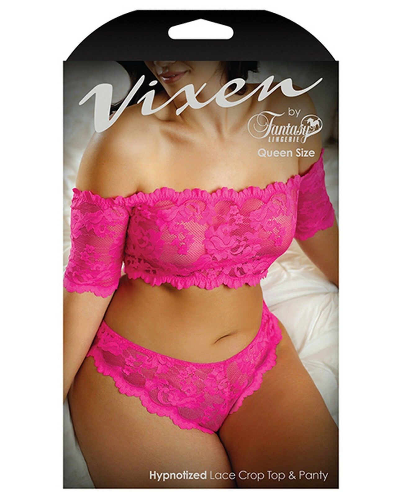 Fantasy Lingerie - Hypnotized Lace Crop Top & Panty Set, Pink - Queen Size - NEW