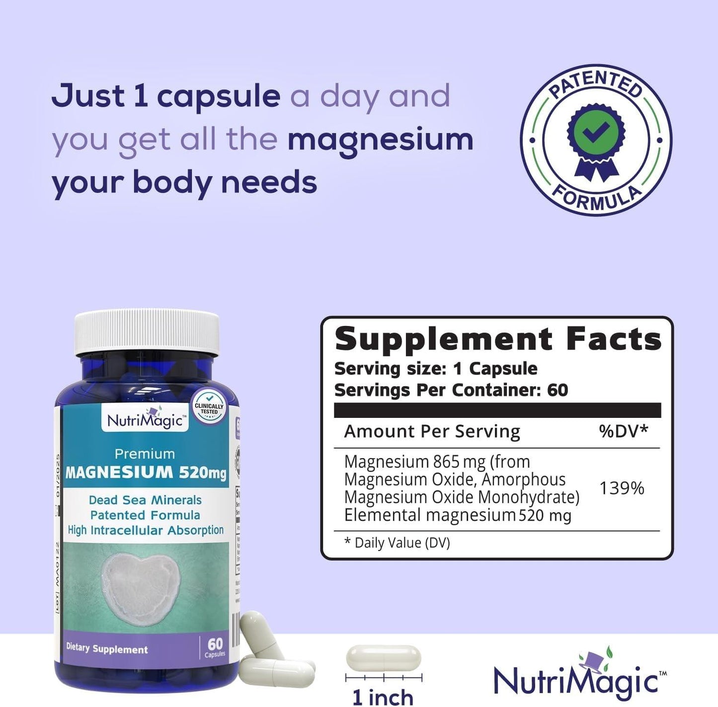 NutriMagic Premium Magnesium  60 Capsules, 520mg - EXP 4/26, Free Ship!