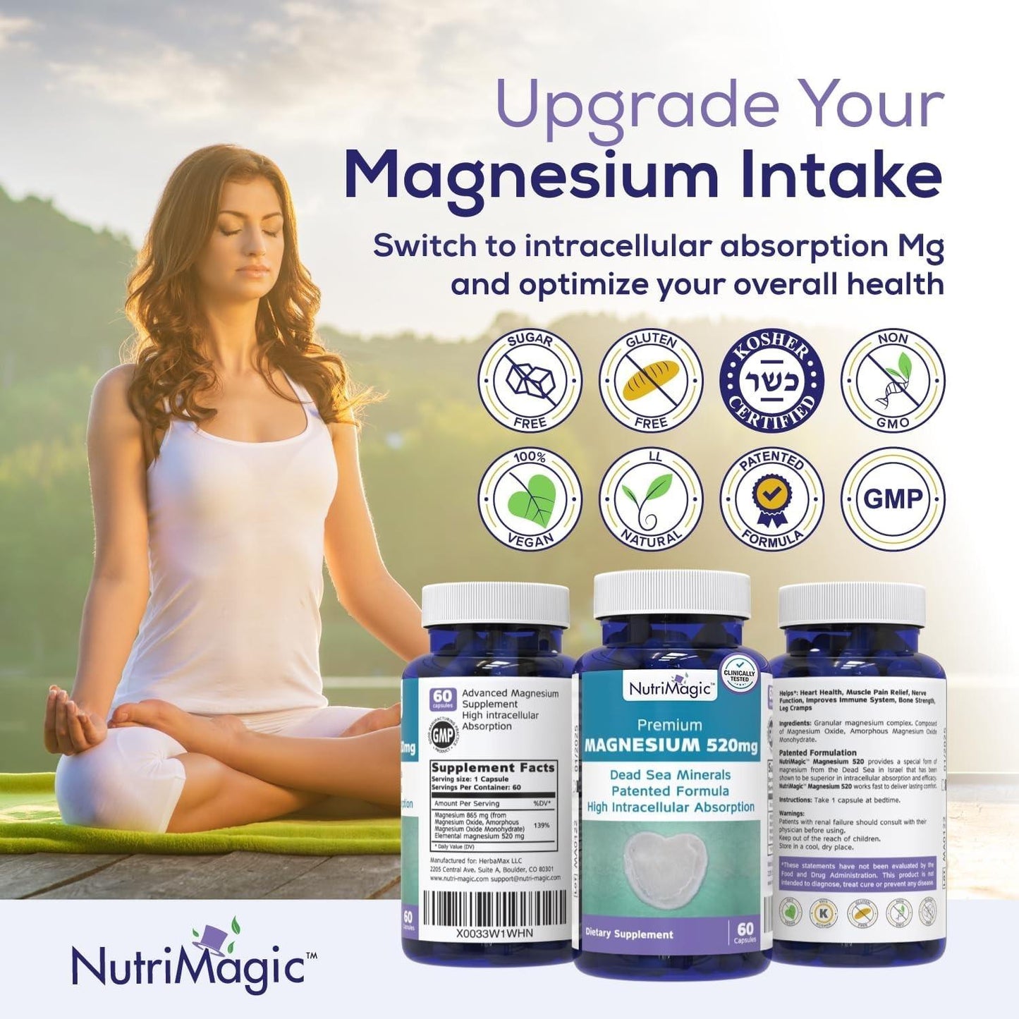 NutriMagic Premium Magnesium  60 Capsules, 520mg - EXP 4/26, Free Ship!