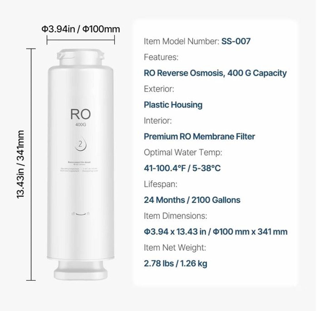 400 GPD Reverse Osmosis System Filter Replacement, SS-001 Sink Water Filter, New