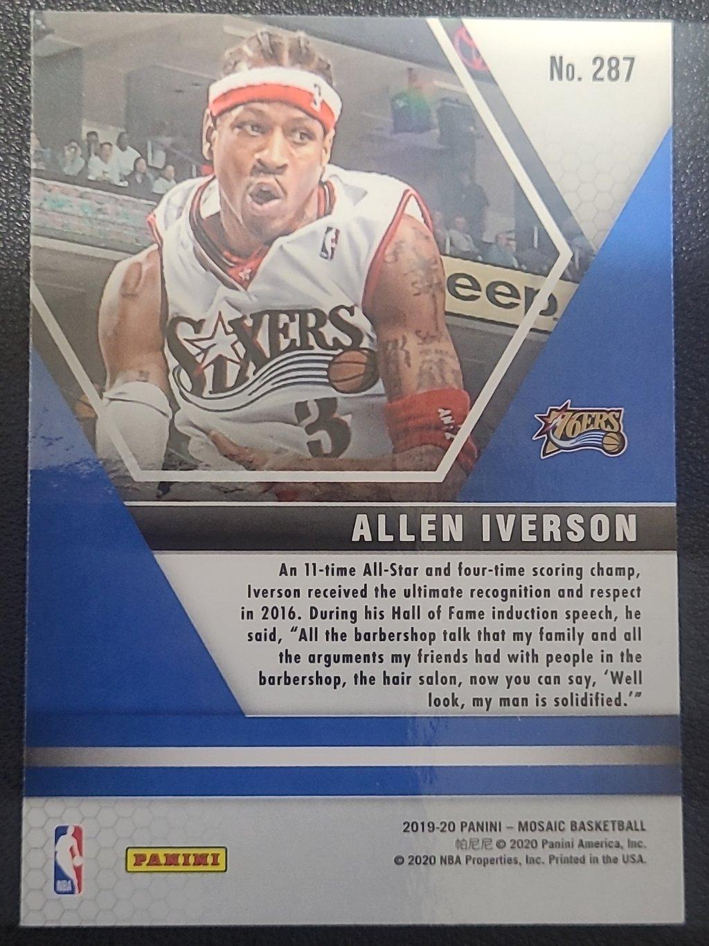 Allen Iverson, Sixers Jersey #3, Hall of Fame, Card #287, 2019-20 Panini Mosaic