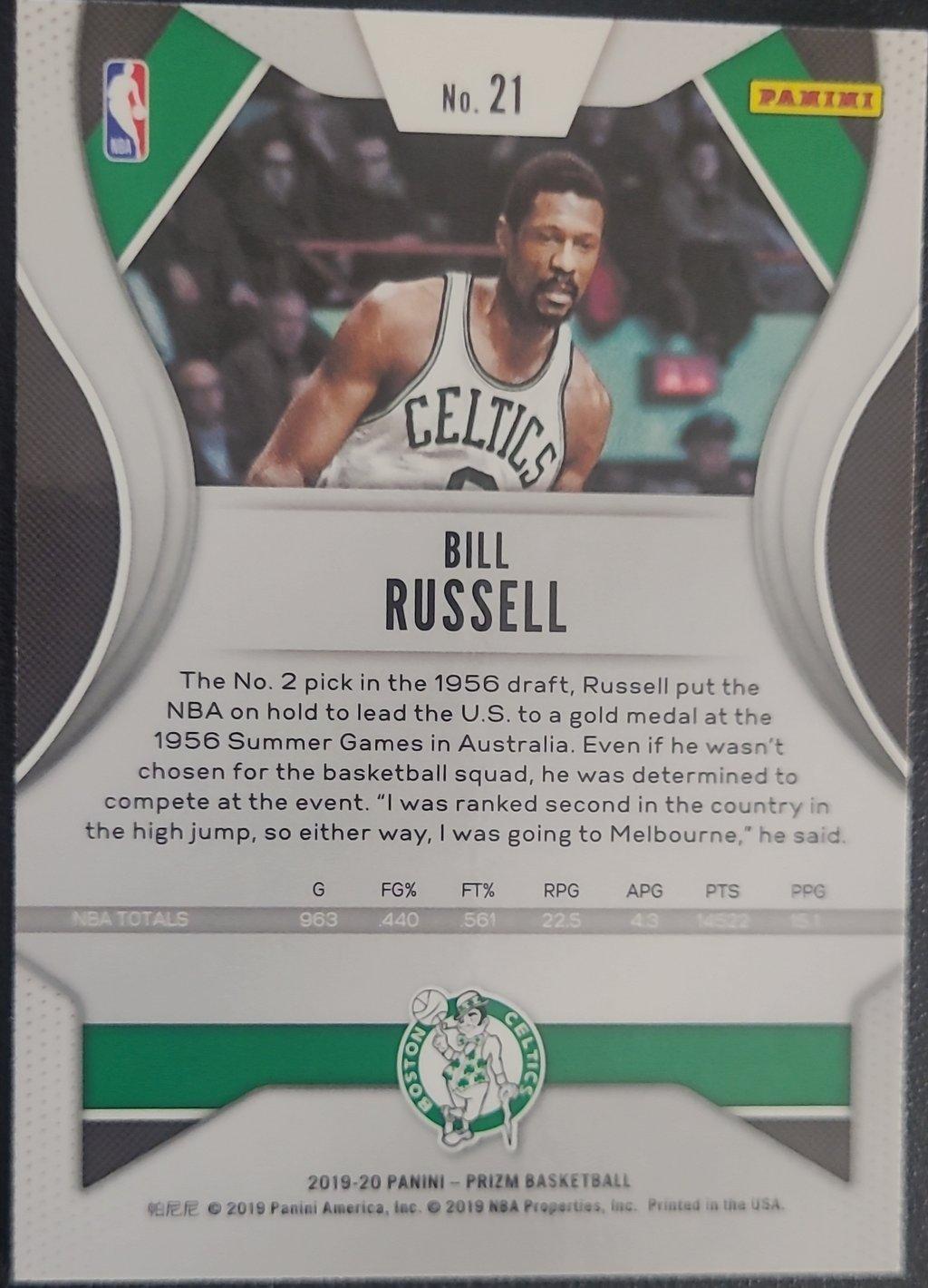 Bill Russel - Boston Celtic - Jersey #6, Card #21, 2019-20 Panini Prizm