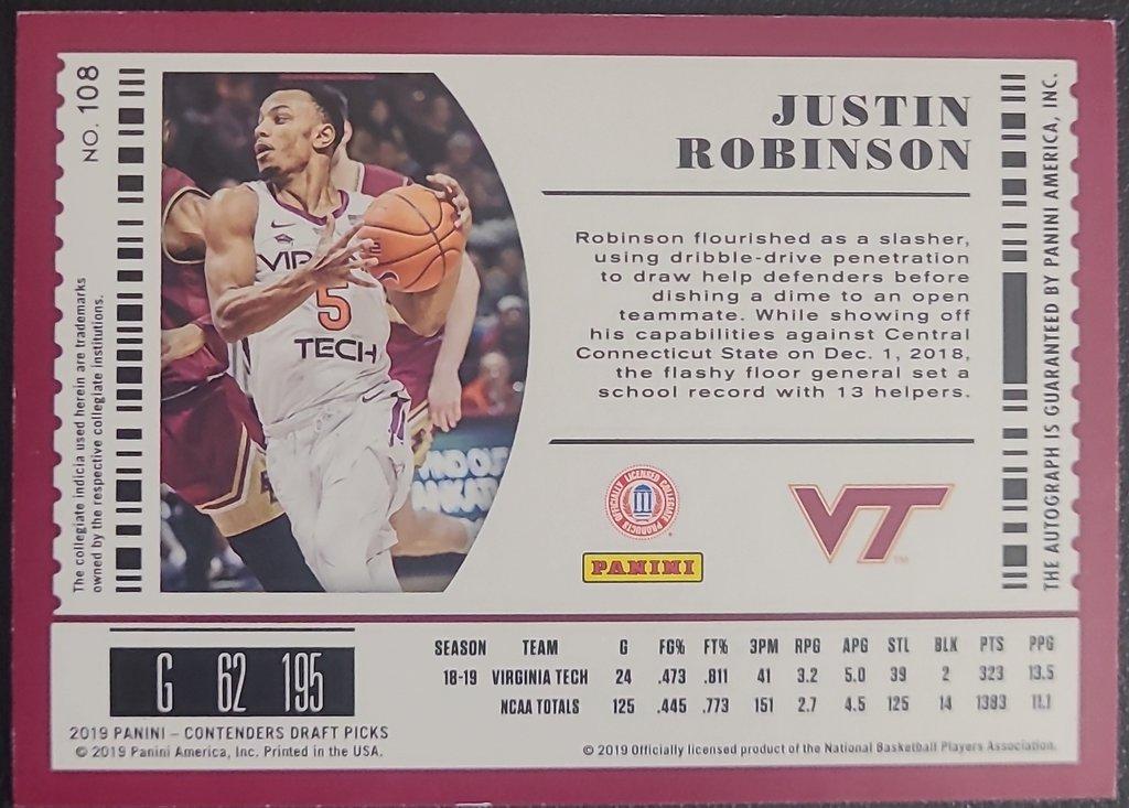 Justin Robinson Autographed - Virginia Tech - Jersey #5, Card #108, 2019 Panini