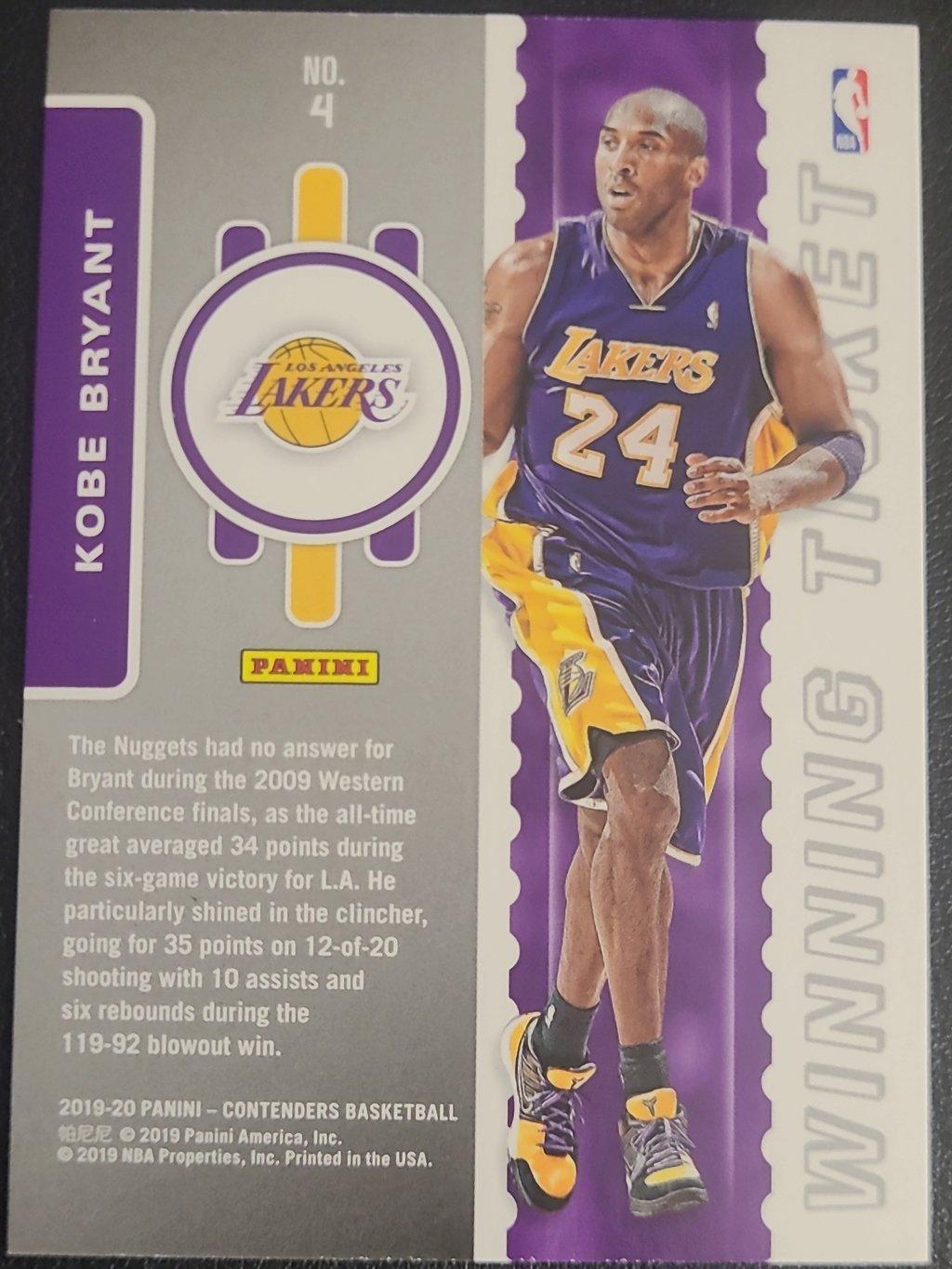 Kobe Bryant, Los Angeles Lakers, Jersey #24, Card #4, 2019-20 Panini Contenders