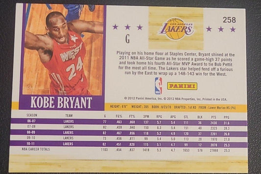 Kobe Bryant, 2011 NBA All Stars West, Jersey #24, Card #258, 2012 Panini