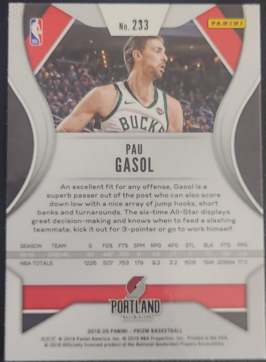Pau Gasol, Portland Trailblazers, Jersey #17, Card #233, 2019-20 Panini Prizm