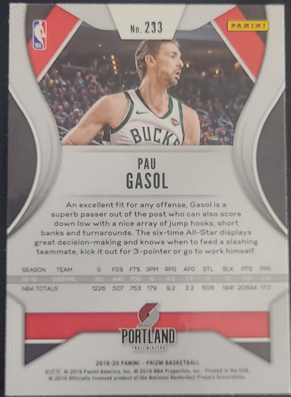 Pau Gasol, Portland Trailblazers, Jersey #17, Card #233, 2019-20 Panini Prizm