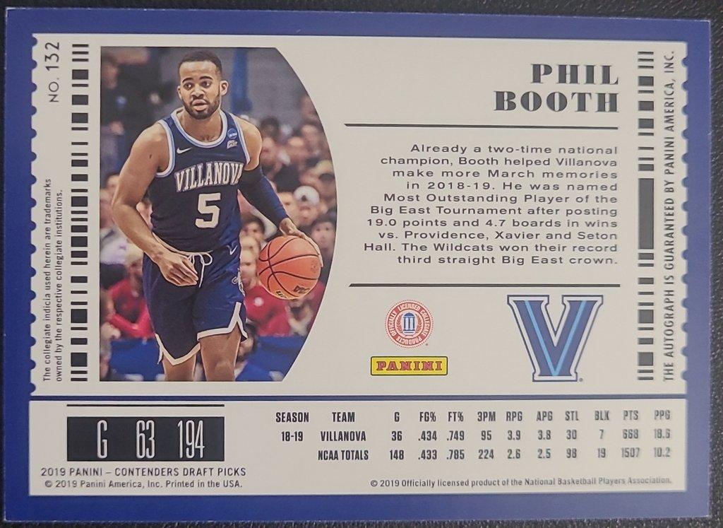 Phil Booth, Autograph Villanova, Jersey #5, Card #132, 2019 Panini Conteenders