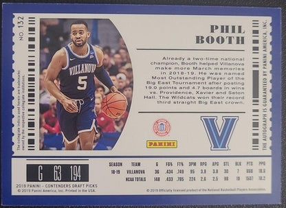 Phil Booth, Autograph Villanova, Jersey #5, Card #132, 2019 Panini Conteenders