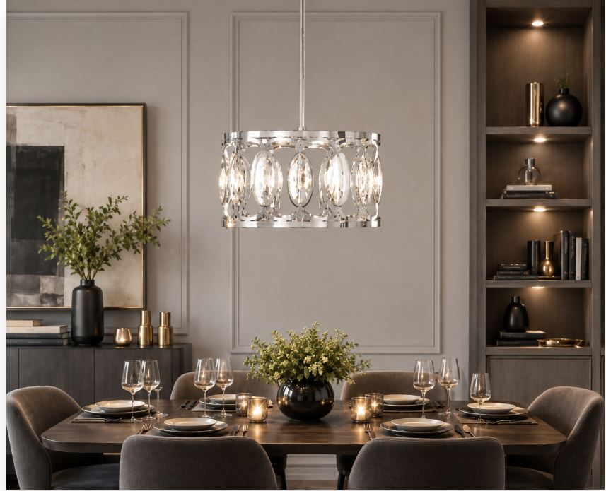 4-Light Polished Chrome Round Drum Pendant Light for Glam Home Decor - NEW!