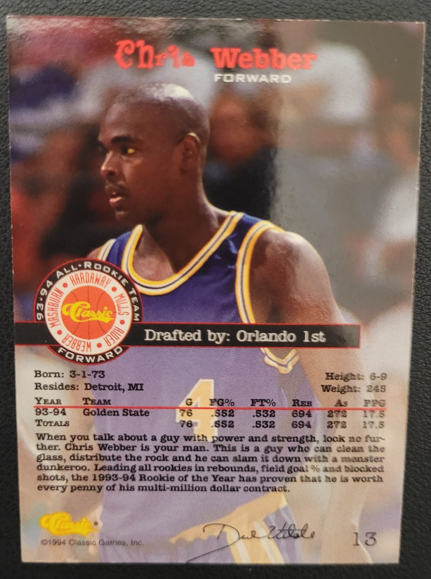 1994 Classic Draft #13 Chris Webber Printer's Proofs