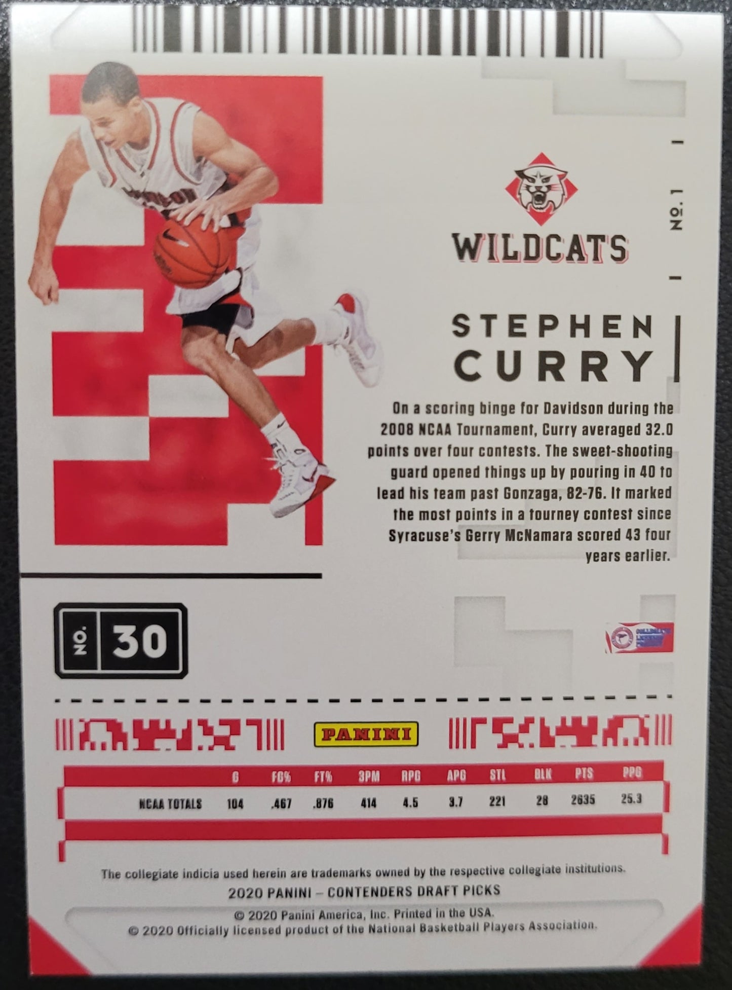 2020 Panini Contenders Draft Picks #1 Stephen Curry Game Ticket Red