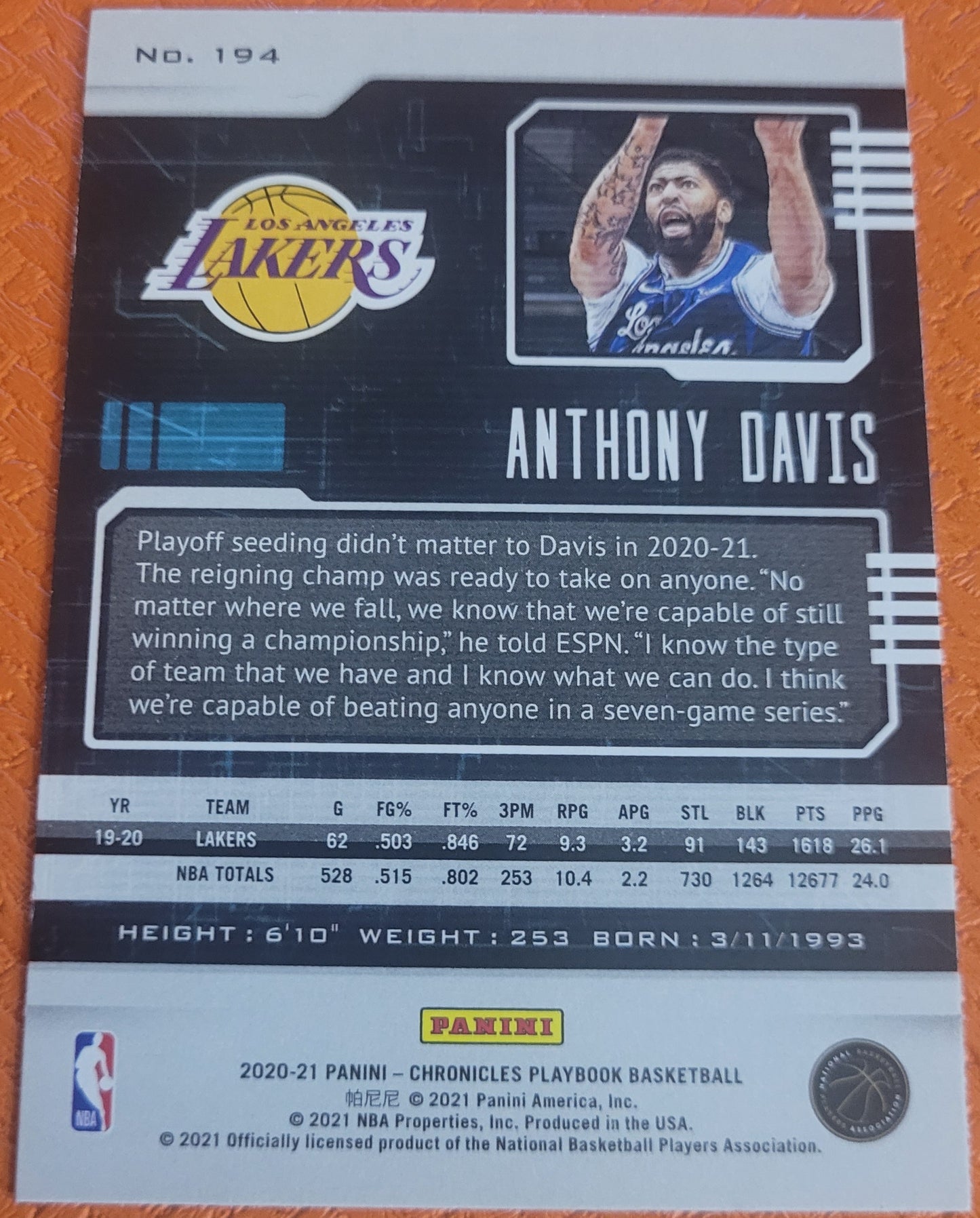2020-21 Panini Chronicles #194 Anthony Davis Teal
