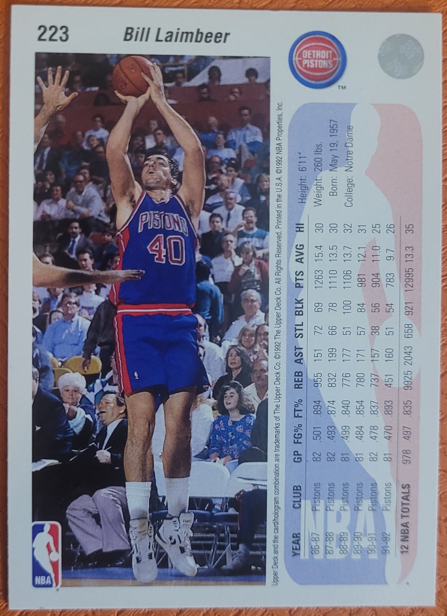 1992-93 Upper Deck #223 Bill Laimbeer