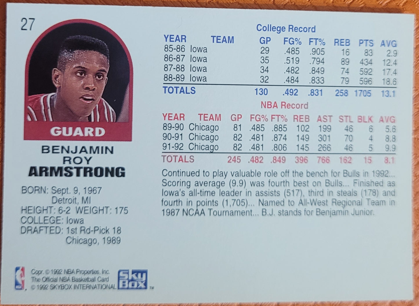 1992-93 Hoops #27 B.J. Armstrong