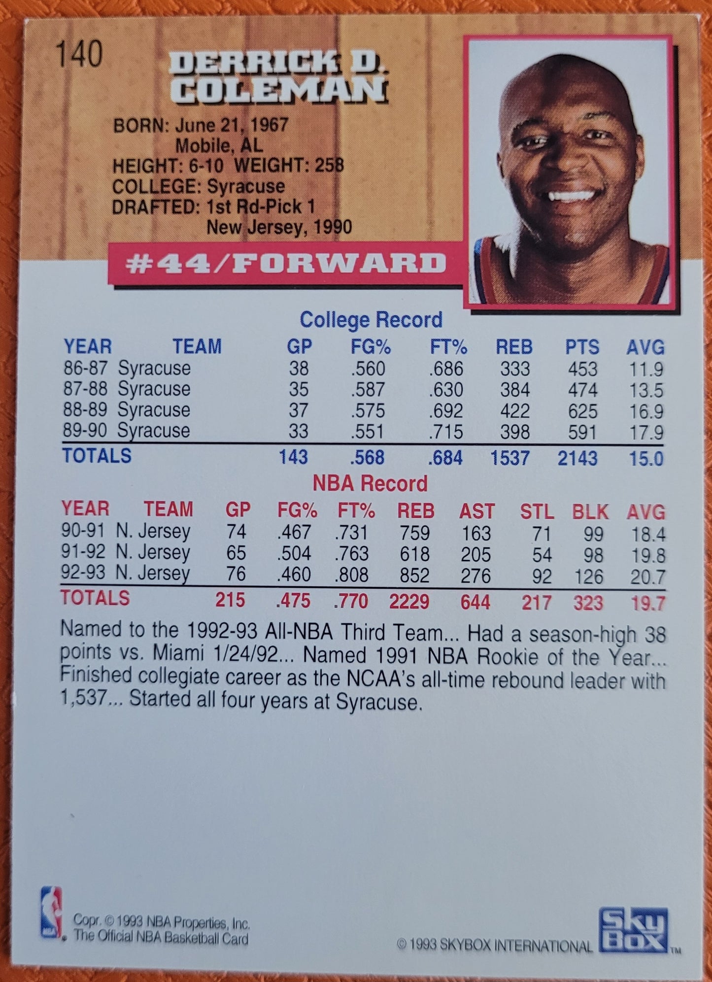 1993-94 Hoops #140 Derrick Coleman