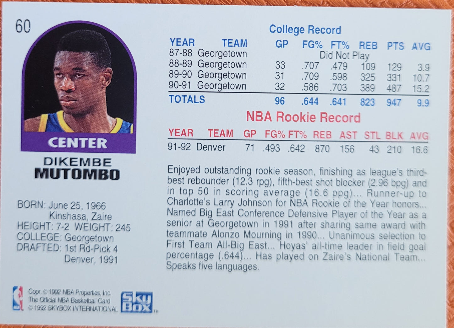 1992-93 Hoops #60 Dikembe Mutombo