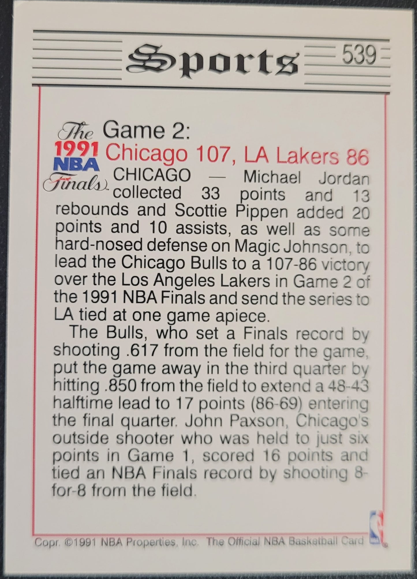 1991-92 Hoops #539 Bulls Rout Lakers To Even Series 1-1