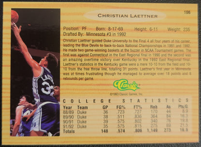 1993 Classic Draft Picks #106 Christian Laettner