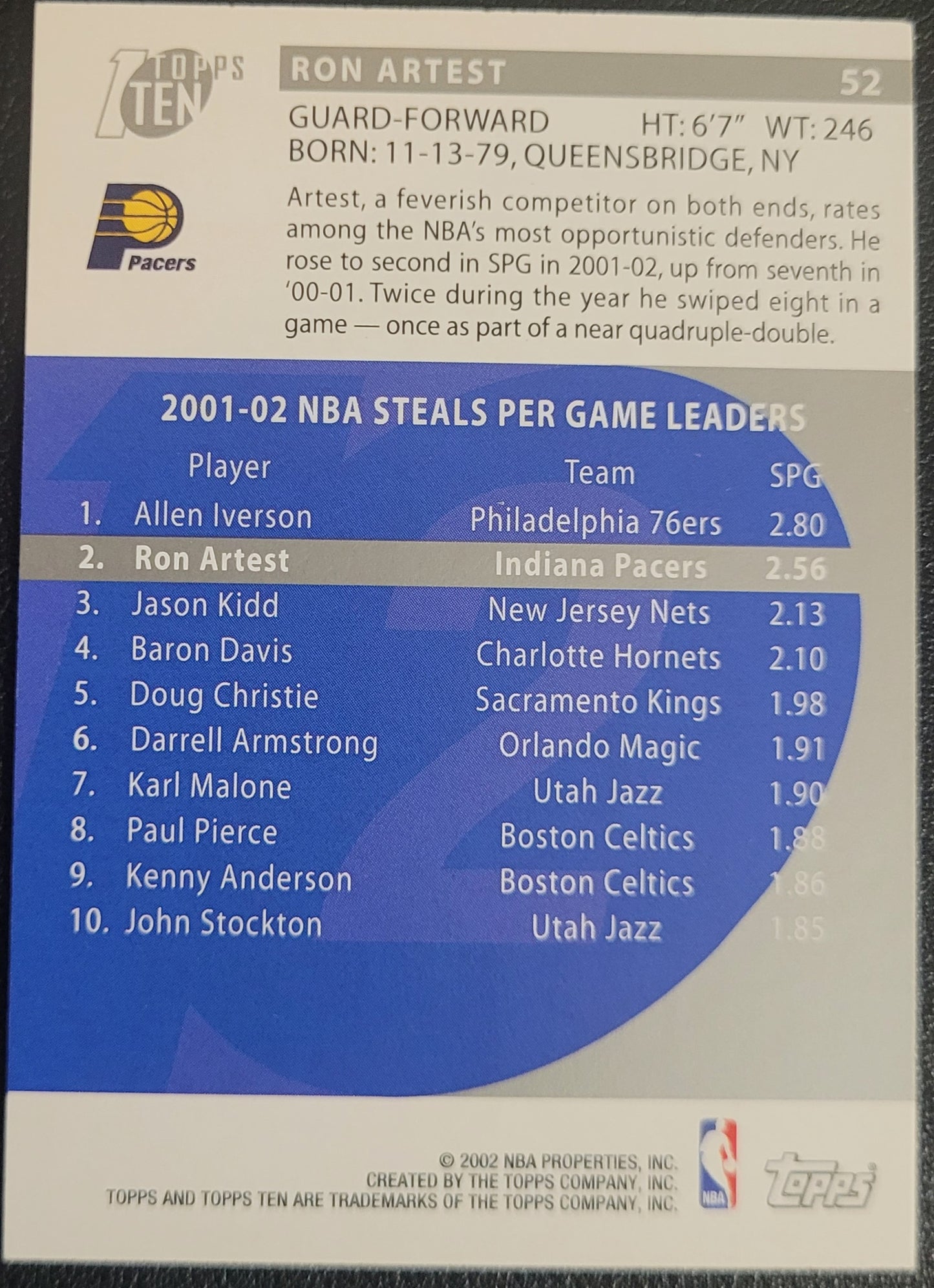 2002-03 Topps Ten #52 Ron Artest