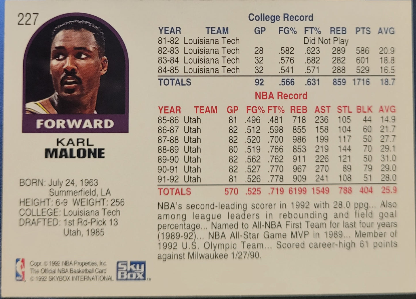 1992-93 Hoops #227 Karl Malone