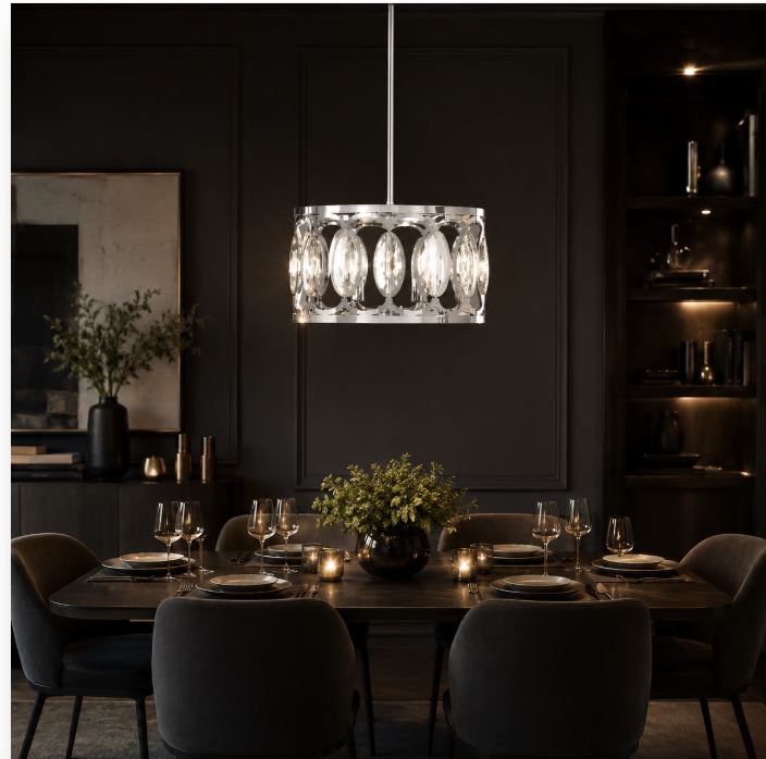 4-Light Polished Chrome Round Drum Pendant Light for Glam Home Decor - NEW!