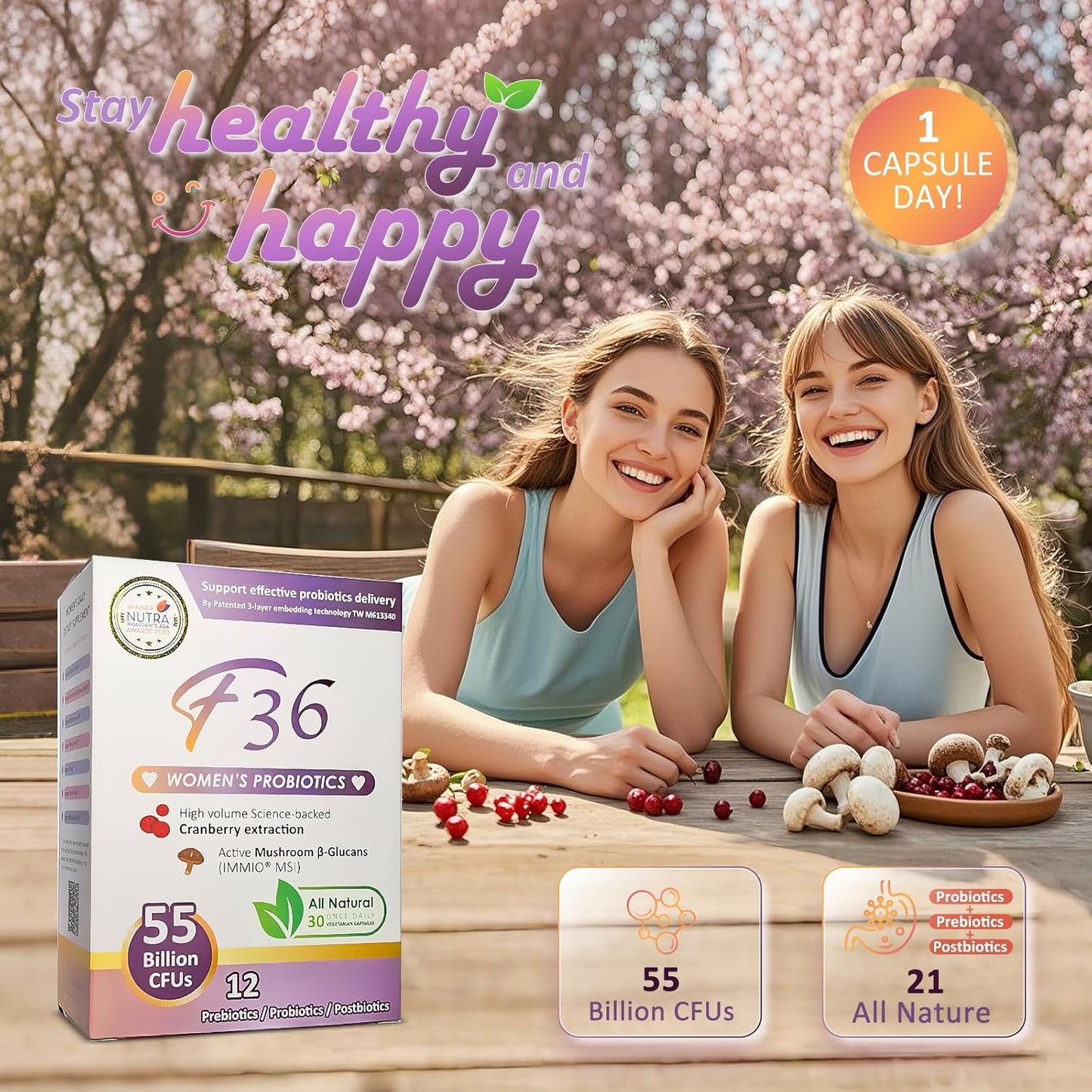 F36 Probiotics for Women, 55 Billion CFU, Mushroom Cranberry, 30 Caps, Exp. 9/26