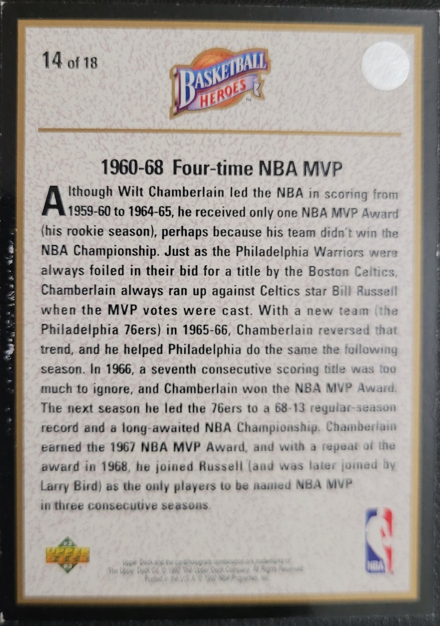 1992-93 Upper Deck #14 Wilt Chamberlain Basketball Heroes: Wilt Chamberlain