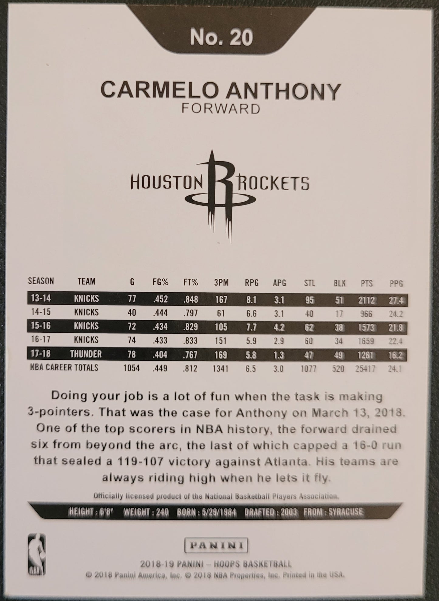 2018-19 Hoops #20 Carmelo Anthony Purple