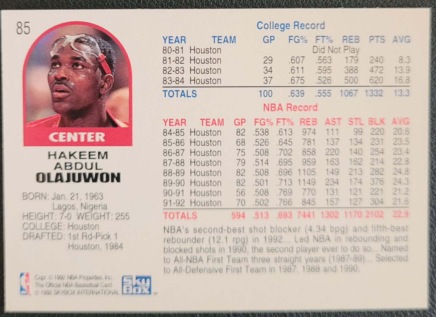1992-93 Hoops #85 Hakeem Olajuwon