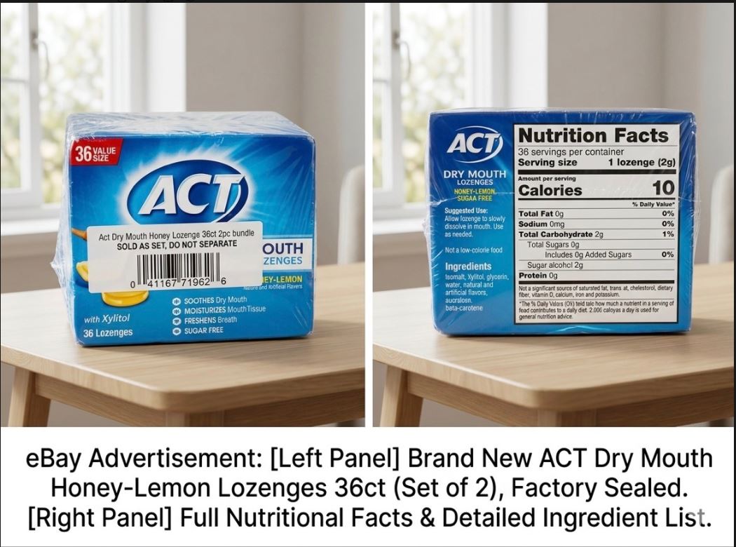 Dry Mouth Lozenges with Xylitol, Honey-Lemon Flavor, 72 Count Pack of 2 - NEW!