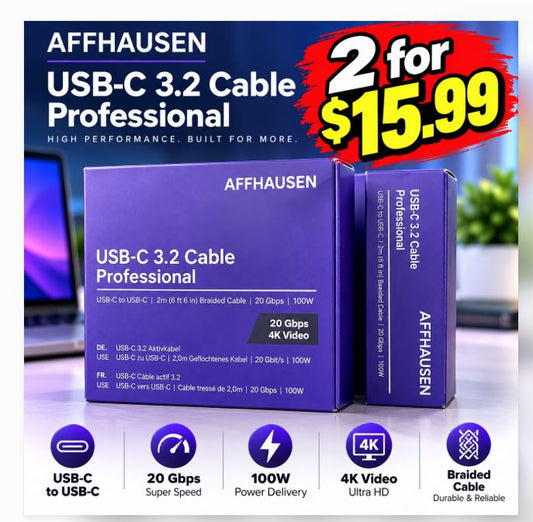 2 PACK-AFFHAUSEN USB-C 3.2 Gen 2x2 Cable 3ft, 20Gbps, 100W, 4K 120Hz Braided