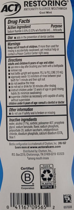 Act Restoring Fluoride Mouthwash Cool Mint (18 oz) Exp. 12/27