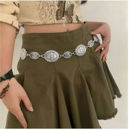 Western Style Silver Metal Concho Chain Belt for Women, 59"