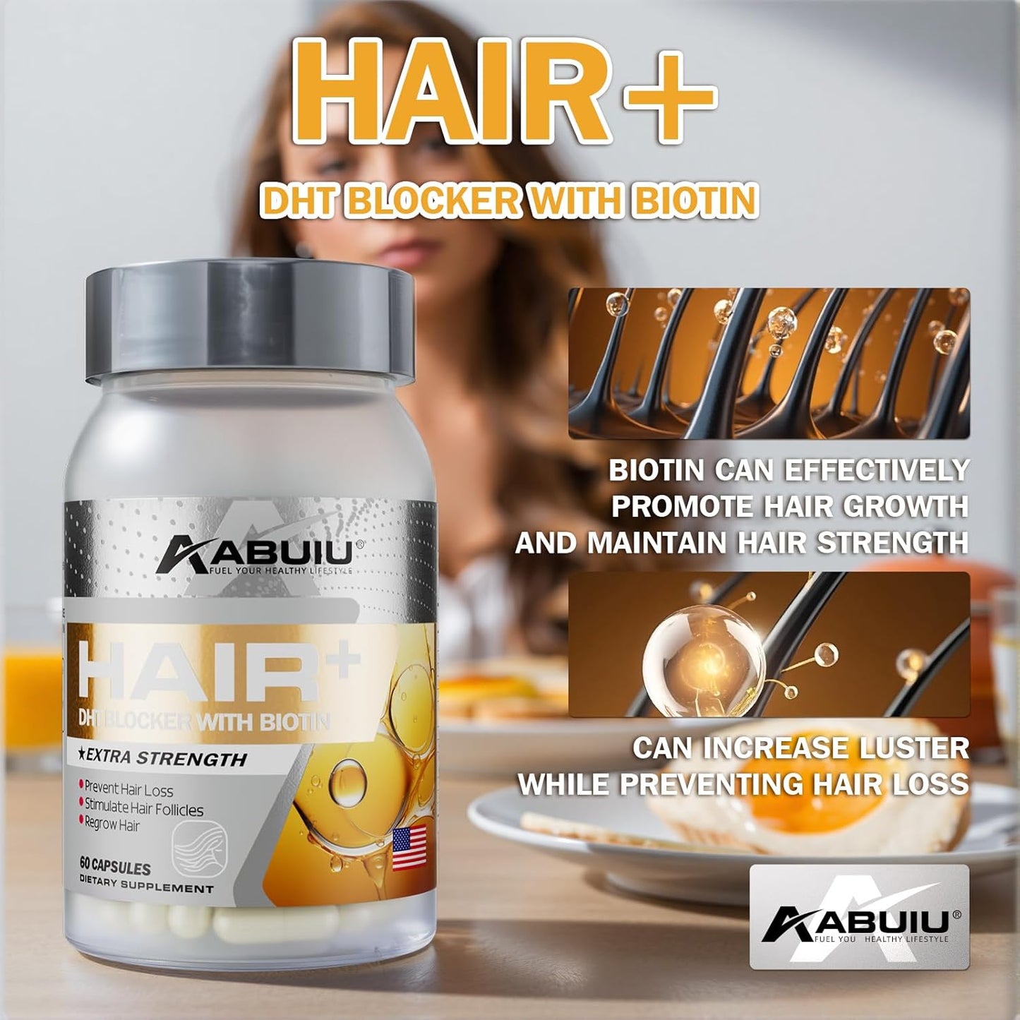Abuiu Hair + Biotin Hair Growth, Men/Women supplement w/ Vitamins (2 Pack, 120 Caps)