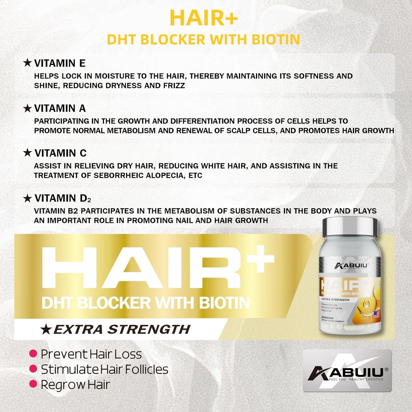 Abuiu Hair + Biotin Hair Growth, Men/Women supplement w/ Vitamins (2 Pack, 120 Caps)