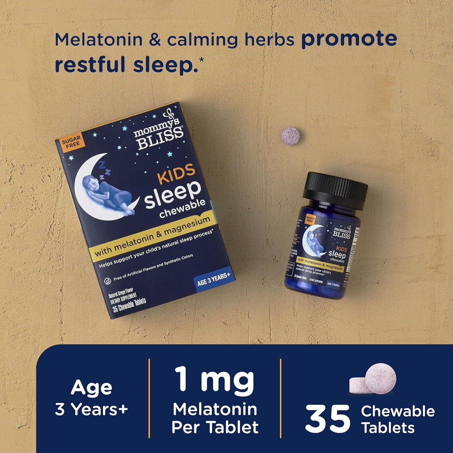 Mommy's Bliss Kids Sleep Chewable Tablets, w/ Calming Herbs, Grape Flavor, Sugar Free, Age 3+, 35 Count  - Exp. 11/27