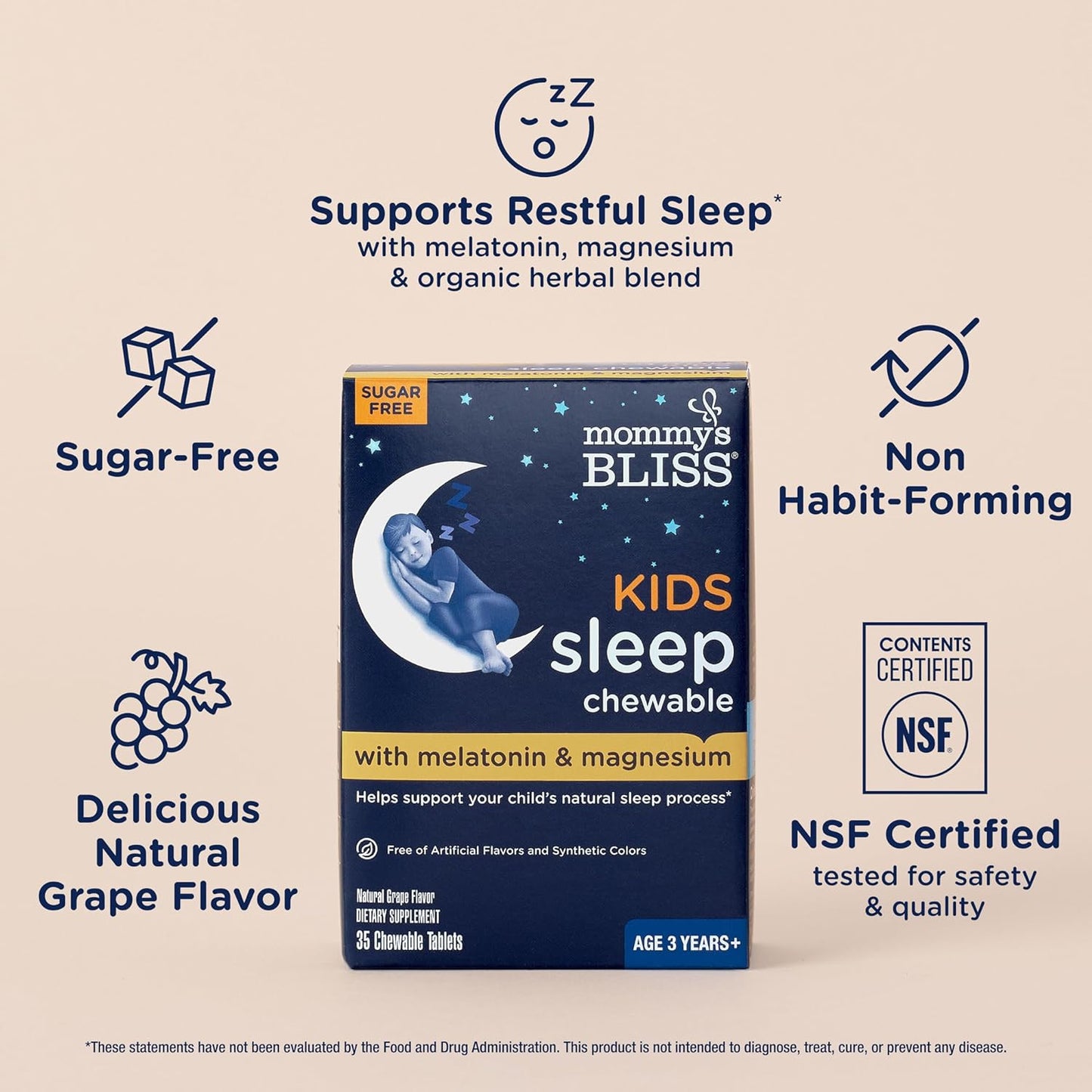 Mommy's Bliss Kids Sleep Chewable Tablets, w/ Calming Herbs, Grape Flavor, Sugar Free, Age 3+, 35 Count  - Exp. 11/27