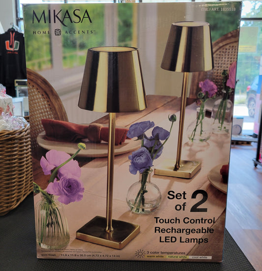 Mikasa Home Accents Set of 2 Touch Control Rechargeable LED Lamps - Gold, New!