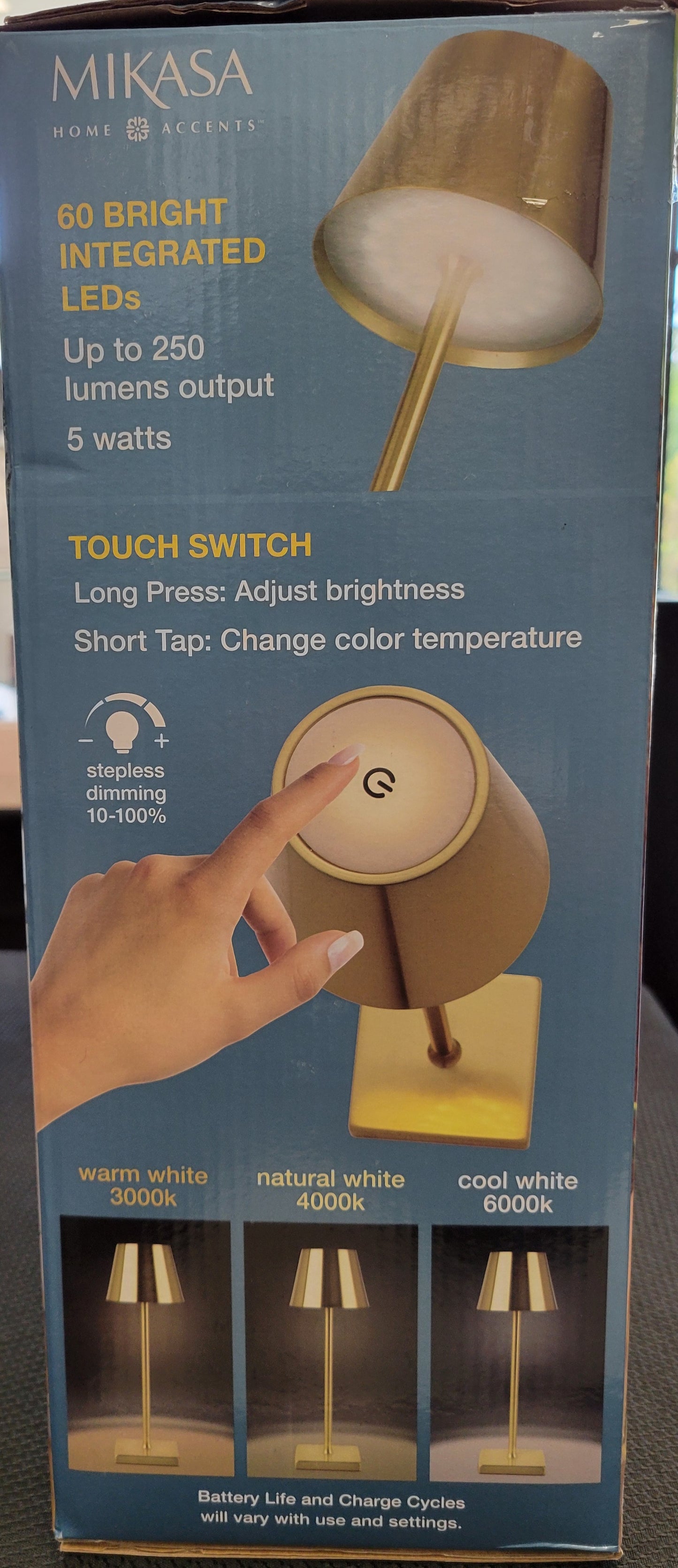 Mikasa Home Accents Set of 2 Touch Control Rechargeable LED Lamps - Gold, New!